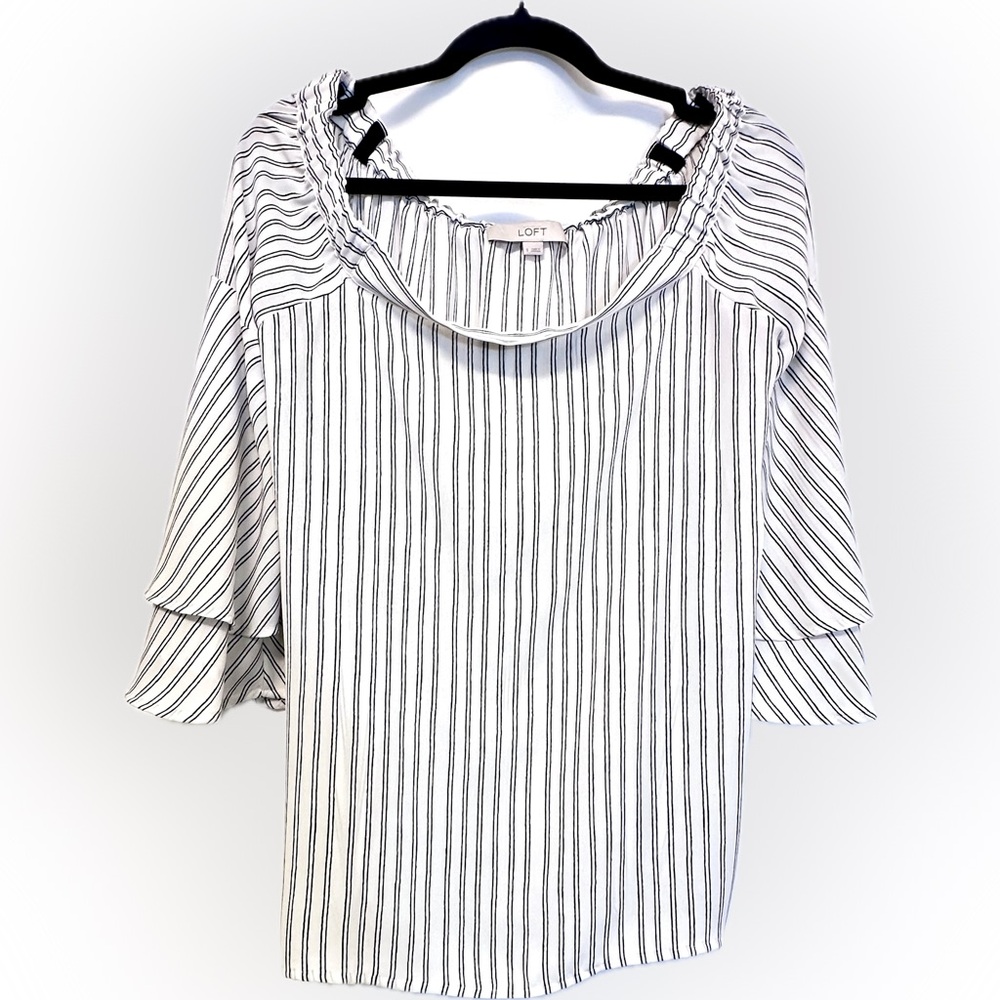 LOFT Black White Striped Ruffle Sleeve Blouse Top Peasant Boho Size Small